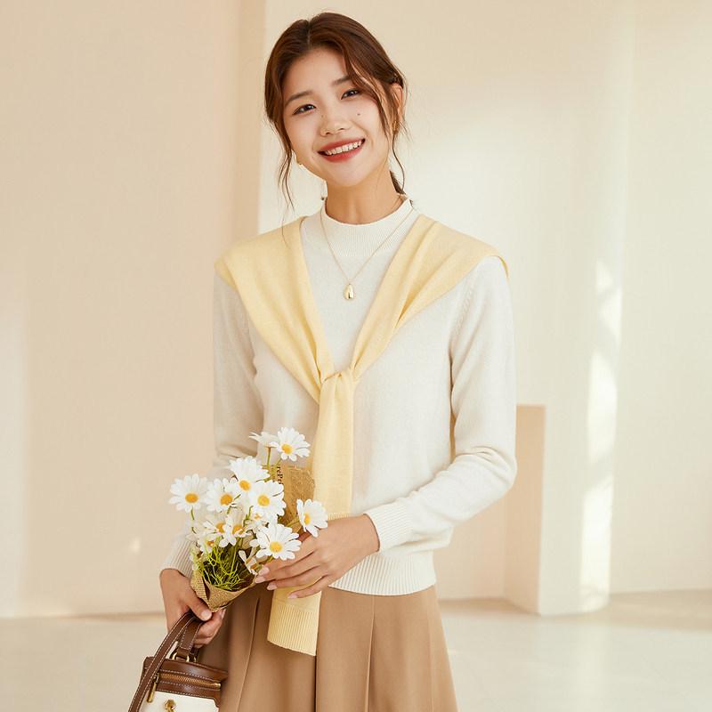 Women's Pure Wool Half-High Neck Knit Sweater - Solid Color, Warm Autumn/Winter Pullover