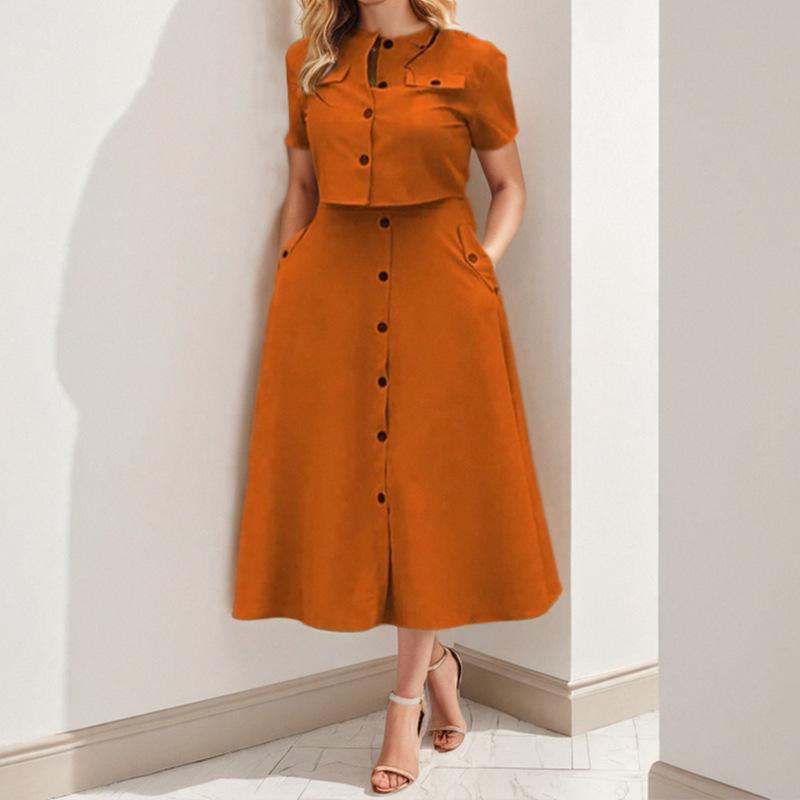 

2026 Spring Women s Elegant Solid Color Casual Short Top & Skirt Set XL коричневий