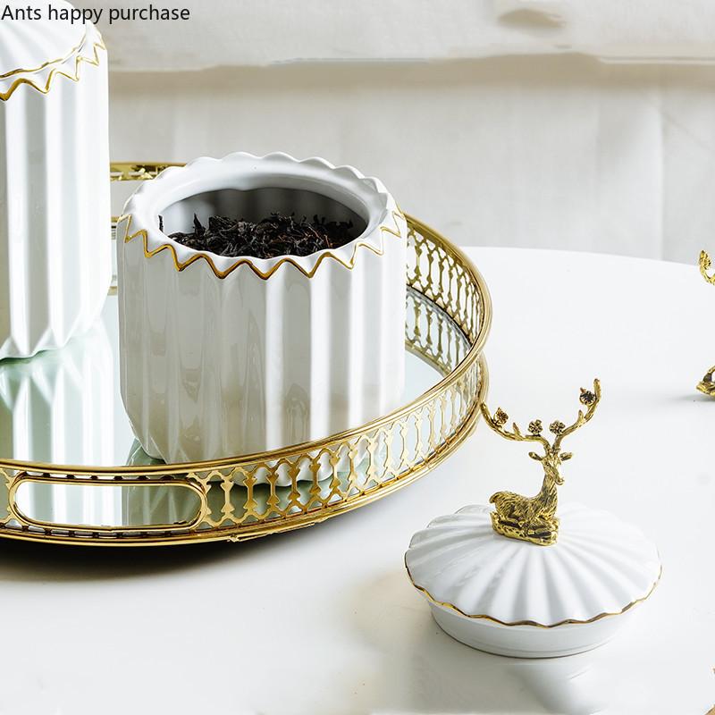 Ceramic Jar Storage Tank with Deer Cover Candy Jar Cotton Swab Box Food Container Snack Box Home Desktop Organizer Tissue Box