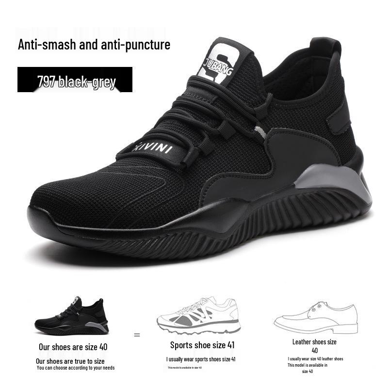 Lightweight Fly-Knit Safety Shoes: Steel Toe, Anti-Smash, Anti-Puncture—Perfect for Standing Comfortably All Day.