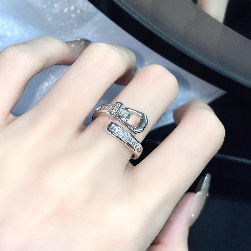 Women S Daily Diamond-Encrusted Zircon Belt Buckle Ring Light Luxury Niche Design Pin High-End Opening Adjustable Ring Adjustable opening
