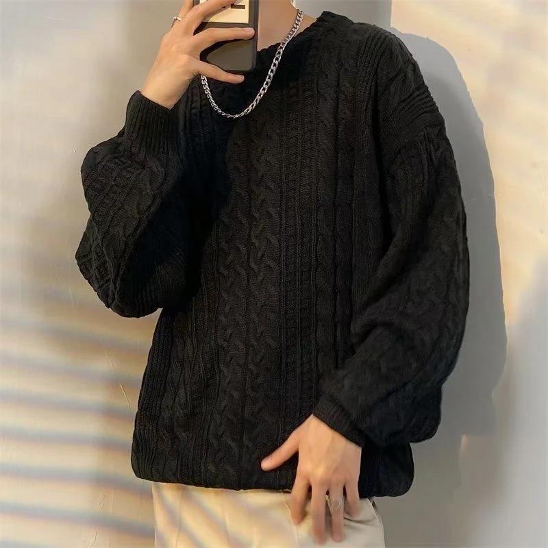 Fried Dough Twists Knitted Round Neck Casual Sweater New Product In Autumn and Winter Solid Loose  Men's Top
