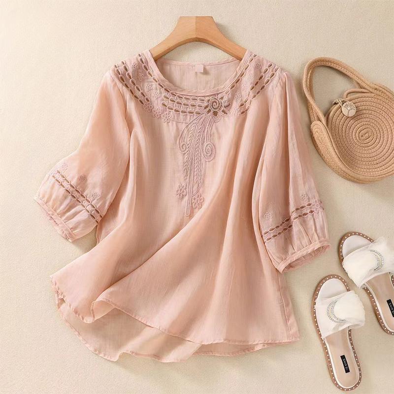 Summer Literary Vintage Embroidery Hollow Out Shirt Ladies Loose Casual Fashion Pullover Top Women Solid Color Blouse Femm