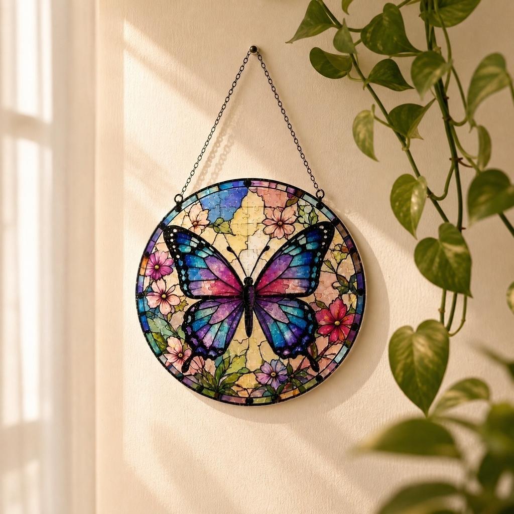 Butterfly Acrylic Flat Puzzle Sun Catcher Hanging Decoration Window Ornament with Chain for Indoor Outdoor Use