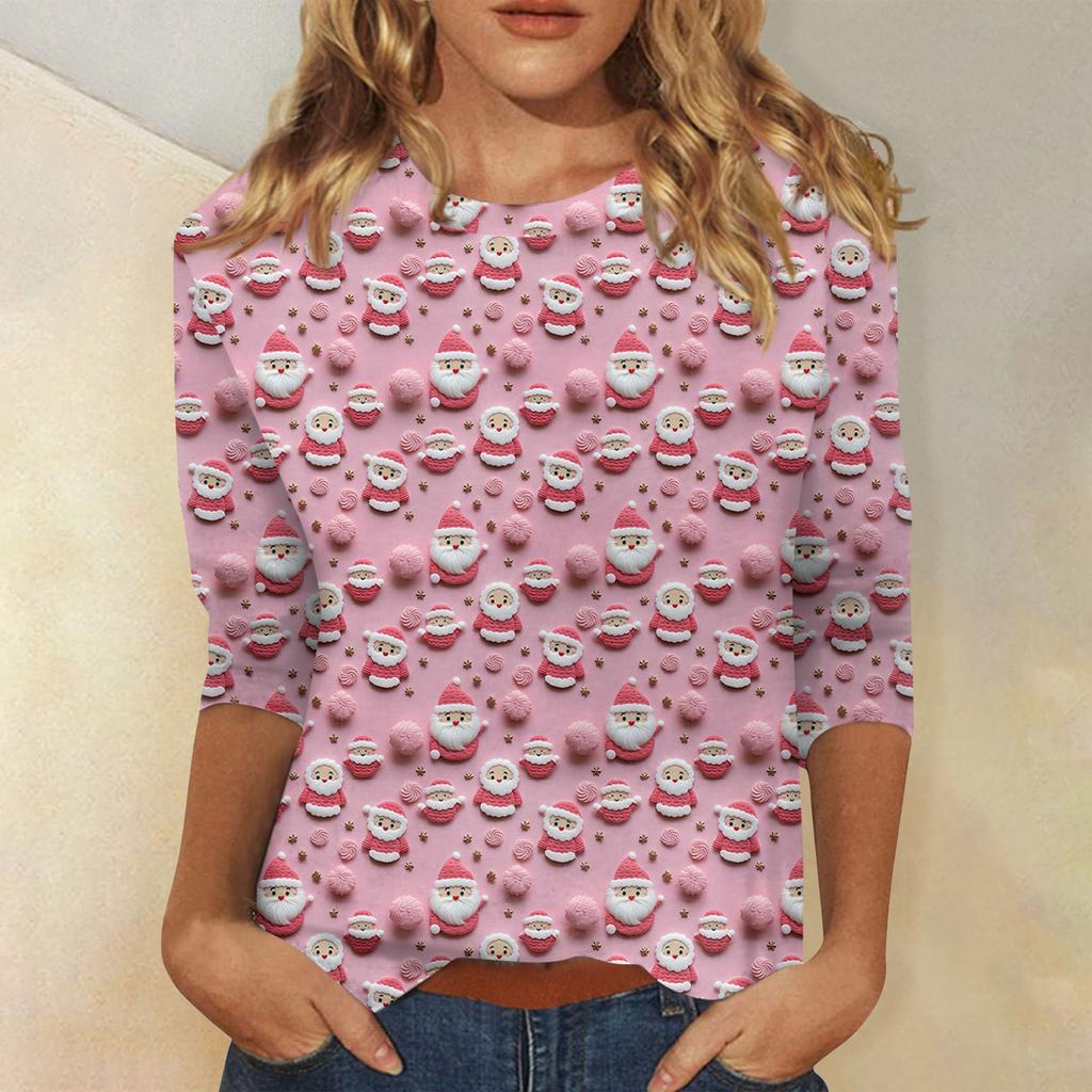 Women's Fashionable Casual Three-Quarter Sleeve Christmas Print Round Neck Top