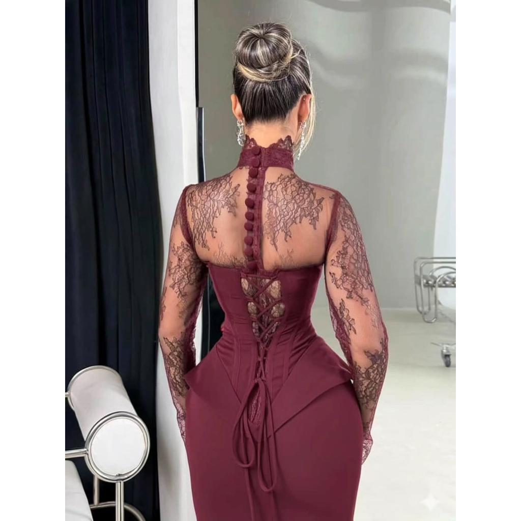 Nuovo Abito Bodycon a Manica Lunga Patchwork di Pizzo con Orlo a Strascico Slim Fit per Donna Abbigliamento per il Tempo Libero