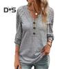 Women Spring Fall Top Hollow Out Lace Button Decor V Neck Soft Breathable Pullover Patchwork Long Sleeve Mid Length Lady T Shirt