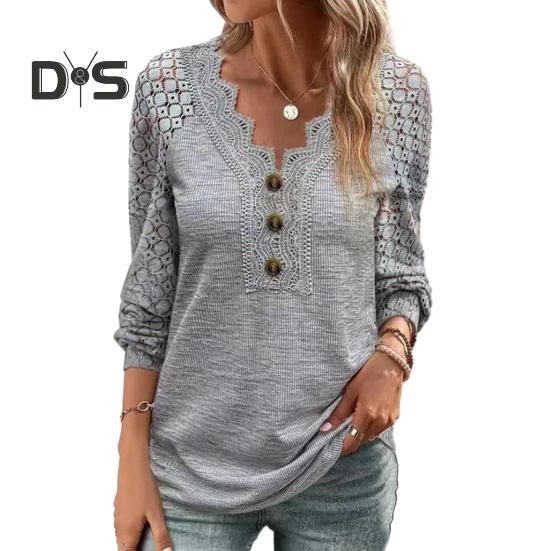 Women Spring Fall Top Hollow Out Lace Button Decor V Neck Soft Breathable Pullover Patchwork Long Sleeve Mid Length Lady T Shirt