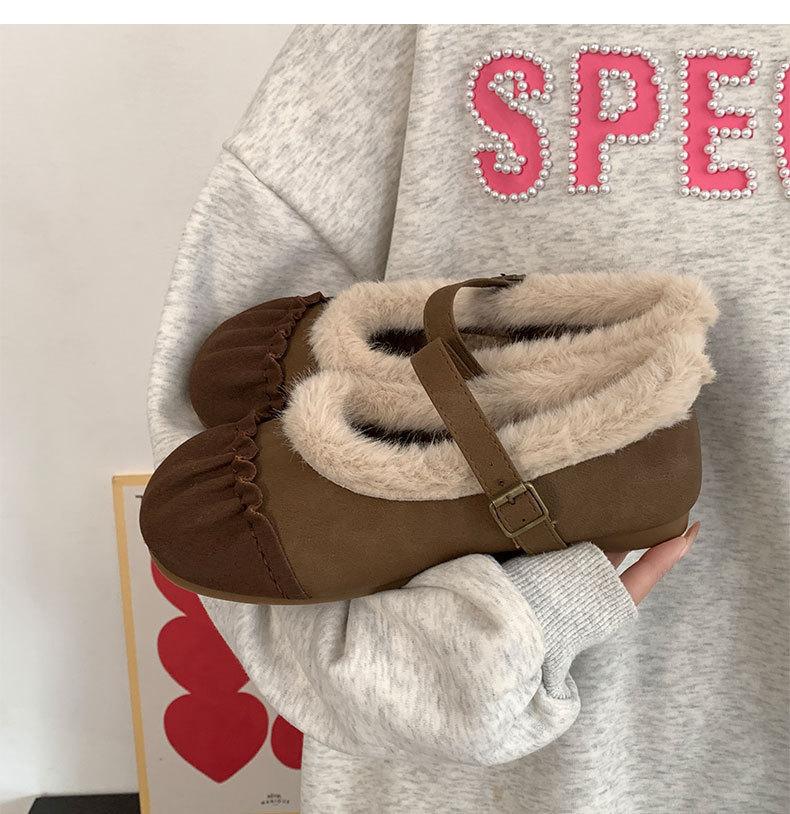 

Soft leather version · French fluffy shoes ladylike autumn and winter flats Mary Jane shows small temperament versatile single shoes 35
