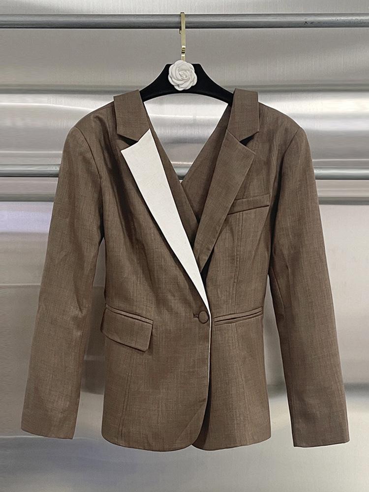 Women's Spring 2026 Slim Fit Brown Color-Block Suit Jacket - Professional & Stylish