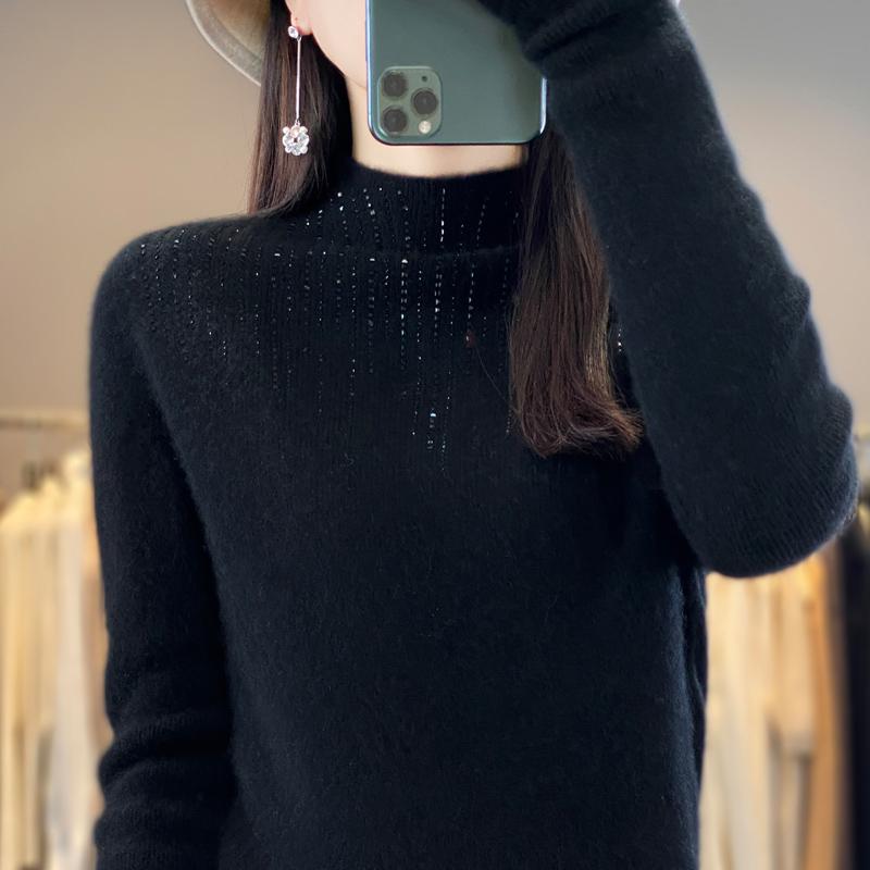 Women's Half Turtleneck Sweater, Qinghe Cashmere, 30% Cashmere 70% Wool, Diamond-studded Winter Knitted Pullover Autumn Sweater Cashmere Sweater