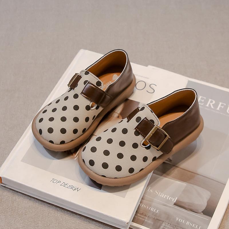 Kids Flat Shoes Non-slip Polka Dots Girls Leather Shoes Round Toes Hook&loop 2025 New Children Casual Shoes Dirt-proof Soft Sole