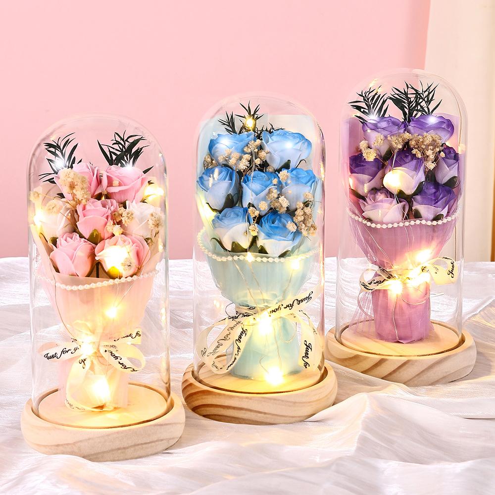Qixi Festival Valentine's Day Gift Log Base Immortal Rose Glass Cover Creative Soap Flower Gift