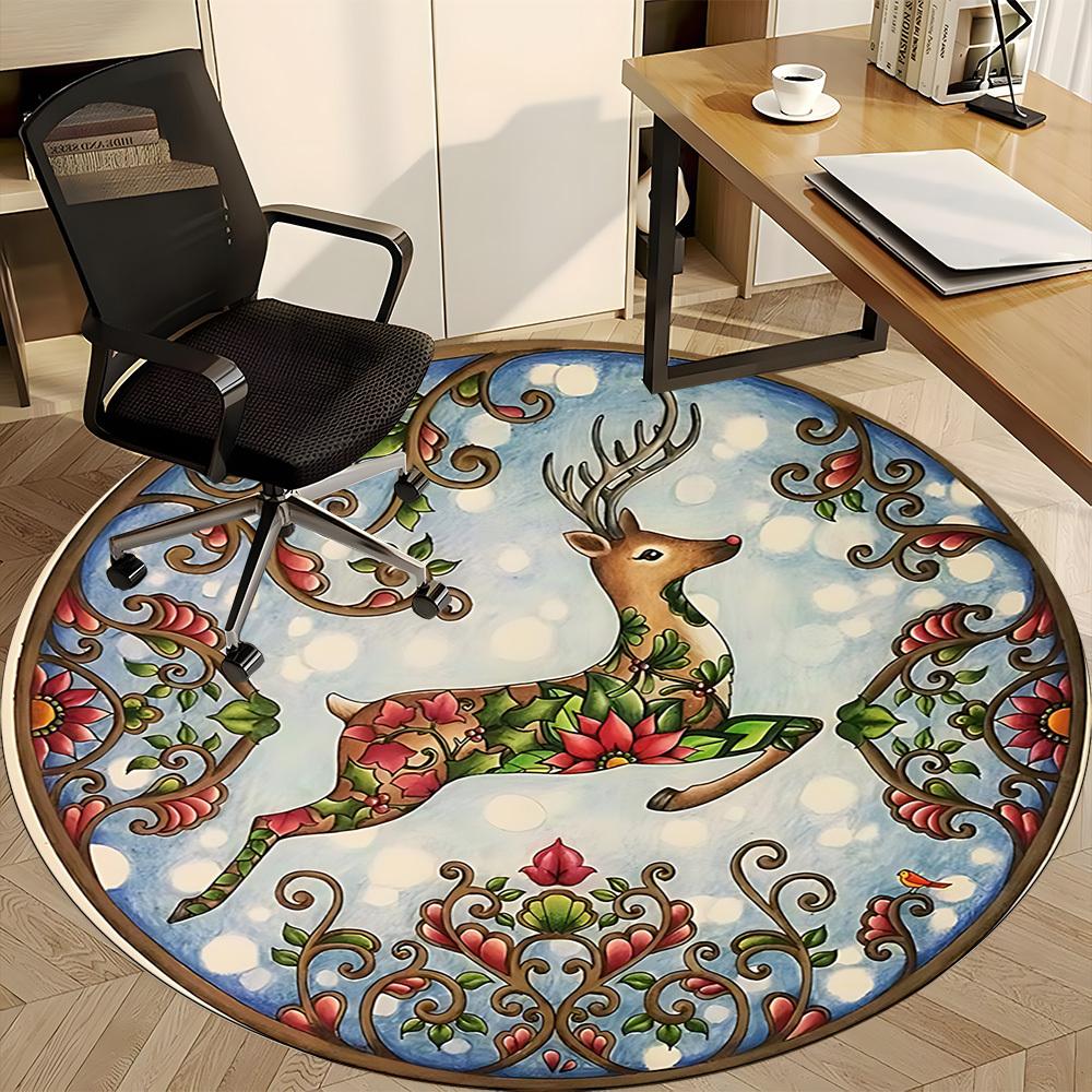 1pc Winter Deer Office Round Area Rug, Under Office Chairs Bedroom Living Room Home Decor, Room Deco