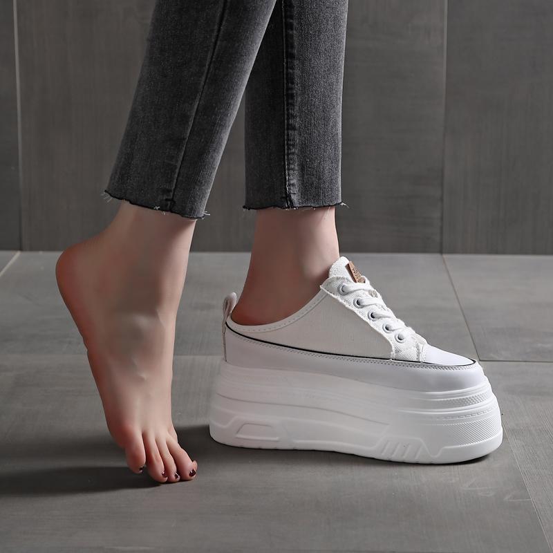 Fashion 12CM Denim Platform Wedge Ladies Comfy High Brand Breathable Summer Bao Toe Slippers Lace Up Chunky Sneaker Casual Shoes
