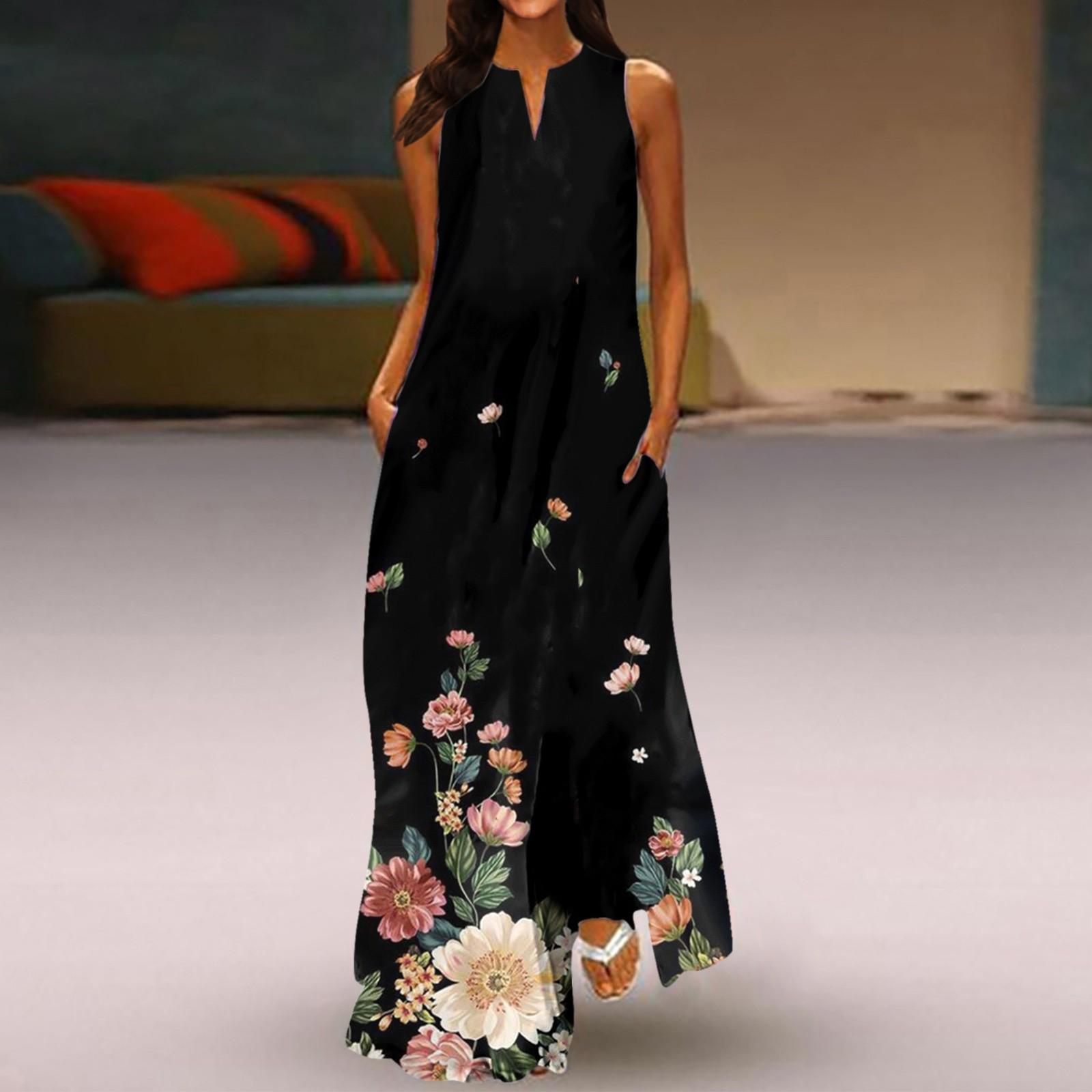 

Women s New Spring And Summer Fashion V-neck Color Printing Sleeveless Long Dress XXXL чёрный