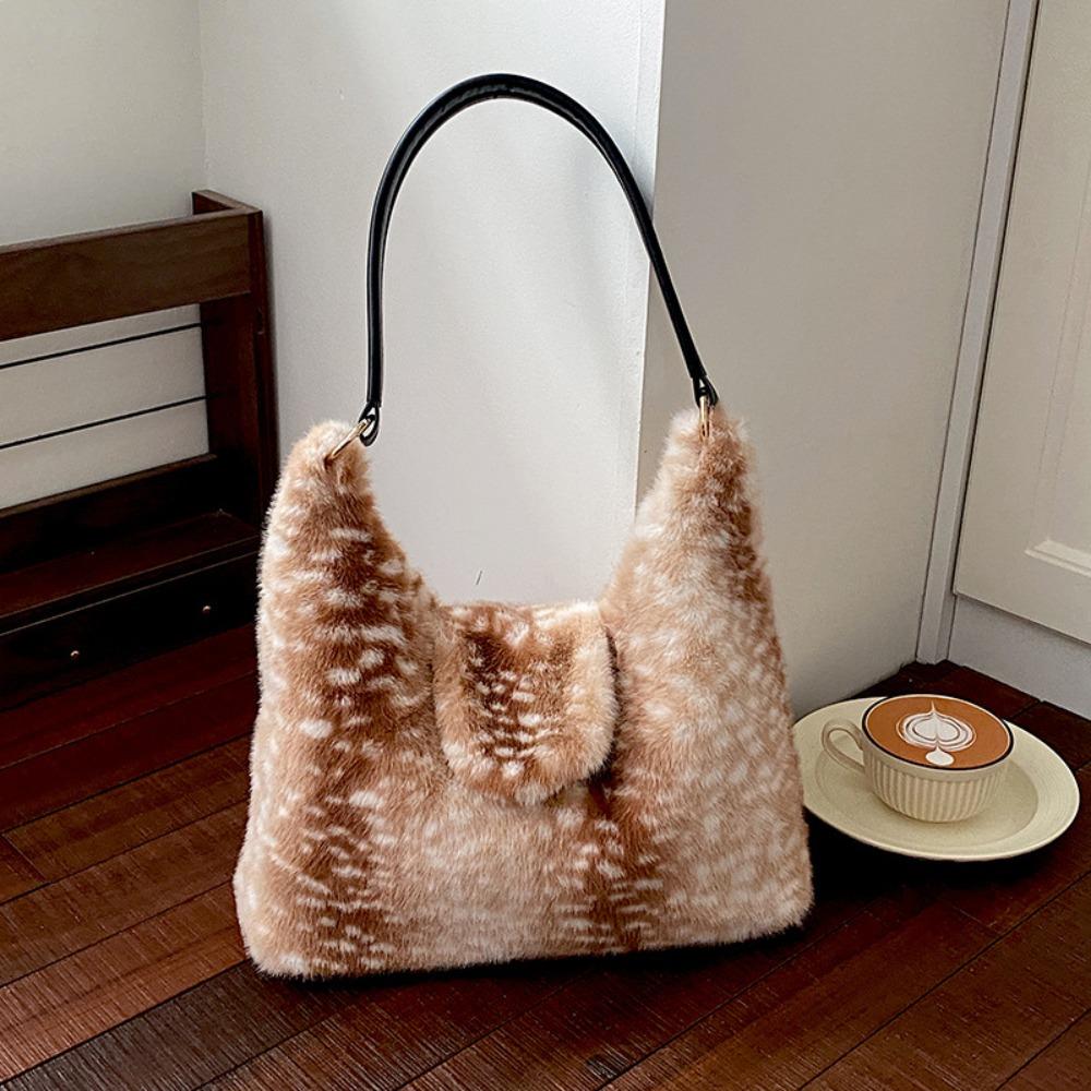 Deer Spot Fluffy Shoulder Bag Leopard Print Women Handbag Elegant Plush Tote Bag  Dating