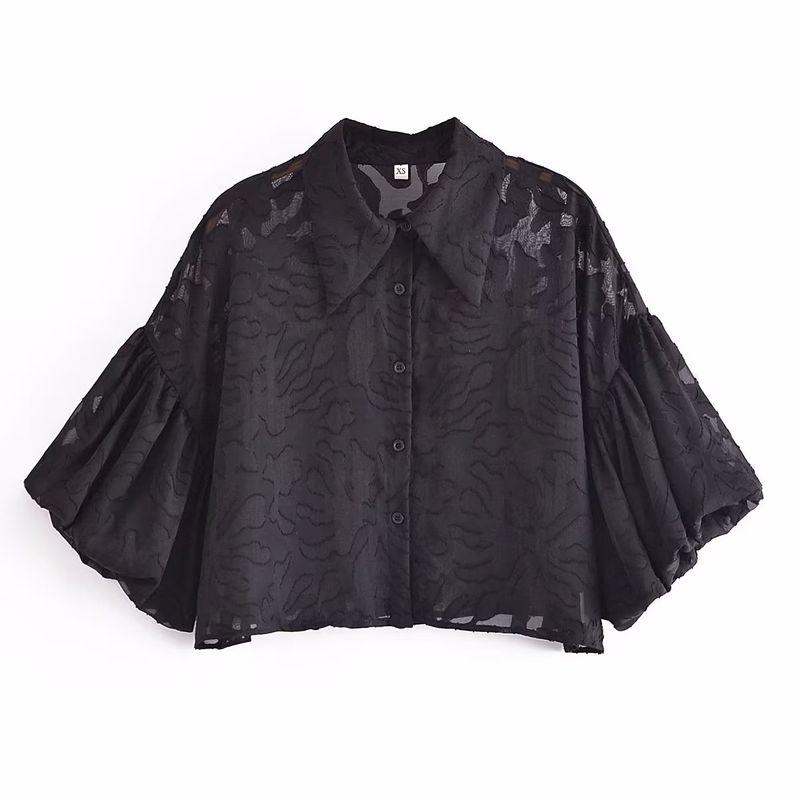 

Kaslead New Arrival Women s Clothing Fashion Style Pure Color Jacquard Bishop Sleeves Top Black L