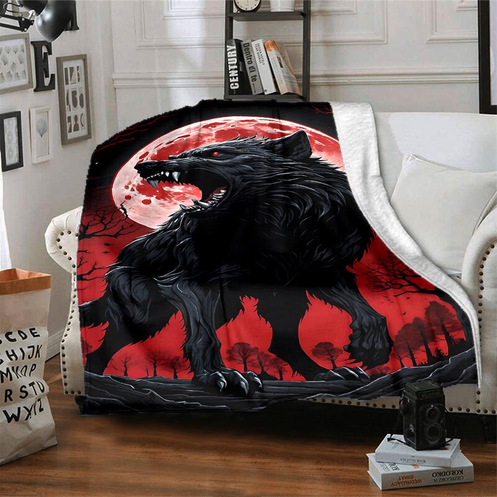 1pc Wolf Howling Moon Soft Warm Throw Blanket Nap Blanket For Couch Sofa Office Bed Camping Travel,Comfortable