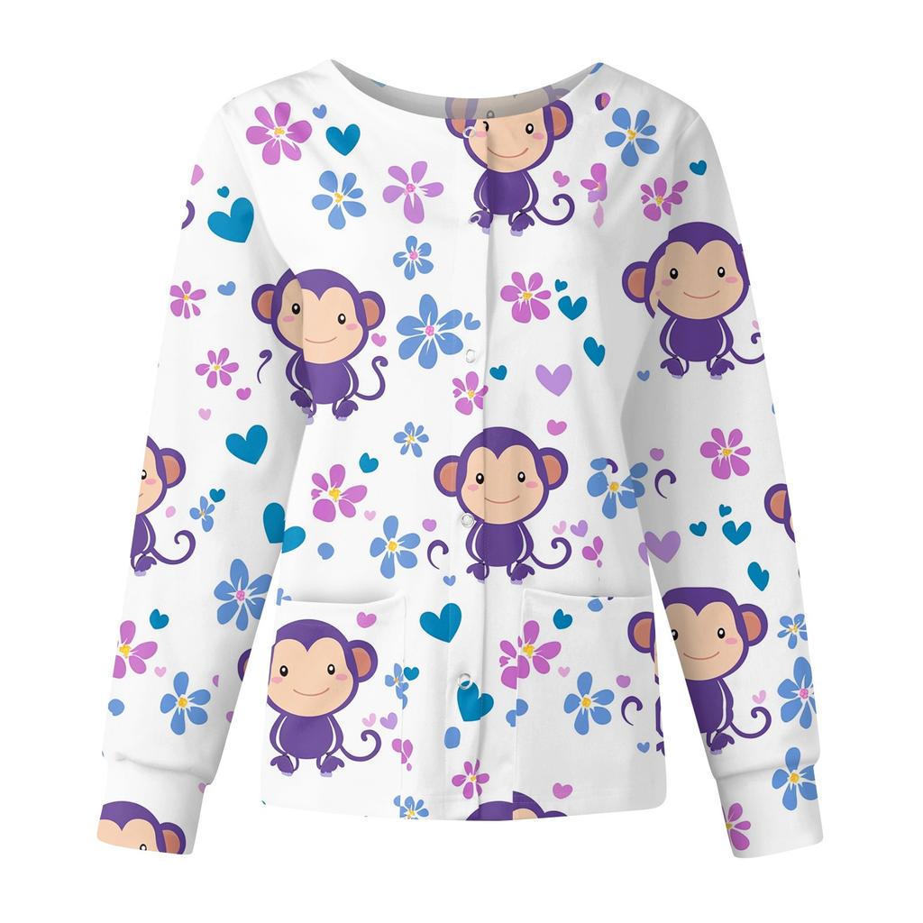 Damen Casual Mode Langarm Stehkragen Einreiher Niedlich Tierisch Bedruckt Arbeitsjacke Oberteile