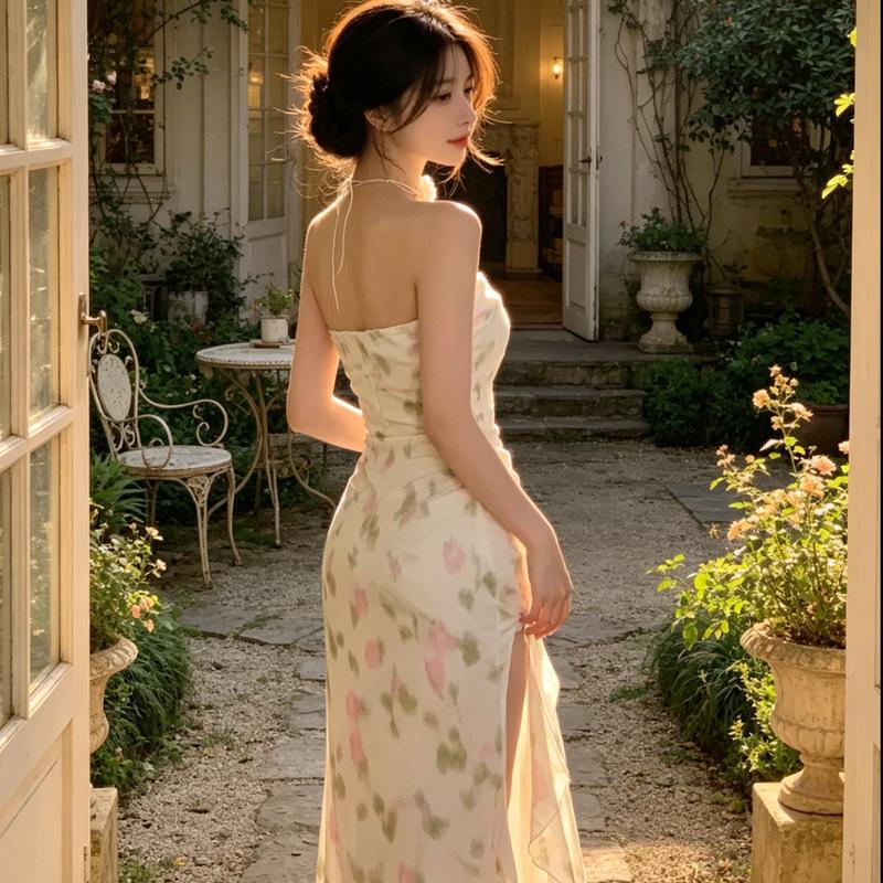 French gentle floral ruffle edge split temperament design sense niche pure desire hot girl sexy tube top dress women