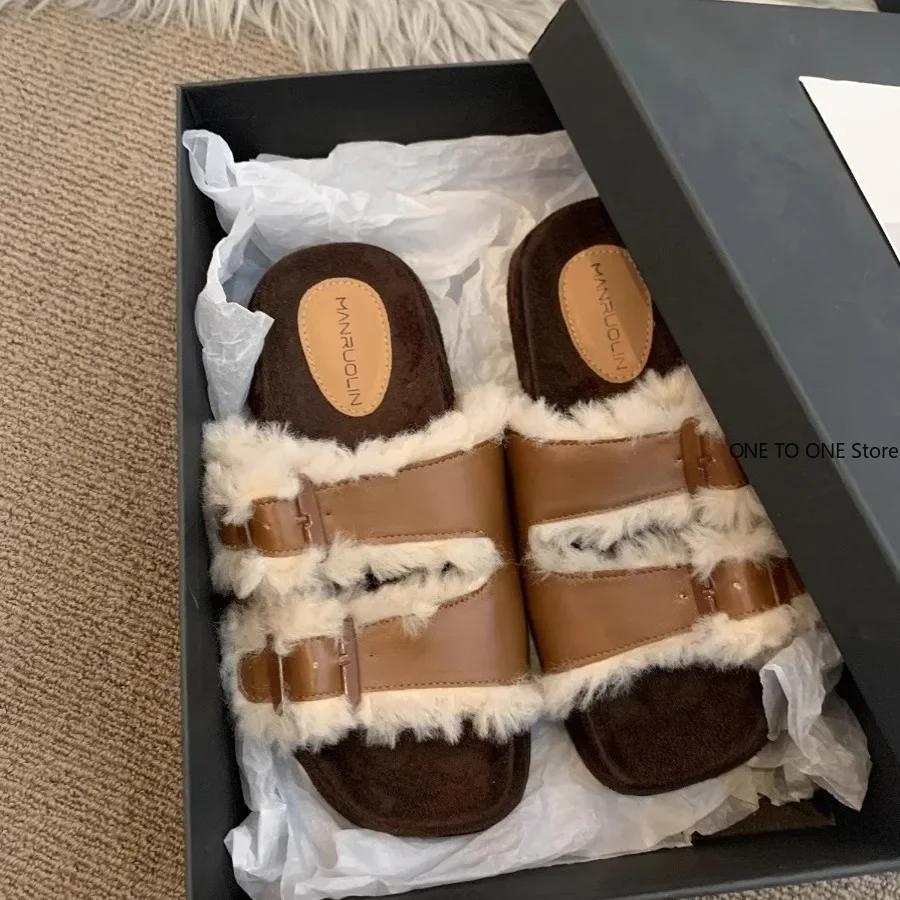Fashion Fashion Fluffy Women Plush Fur House Slippers Sandals Non-Slip Indoor Boots Female For Home Use Luxury Thick Flats Outdoor Shoes