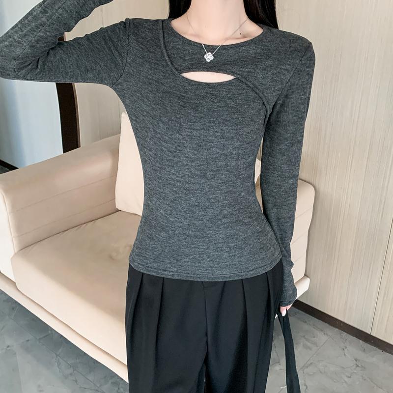 Damen-Langarm-Basisshirt mit Aussparungen, Herbst/Winter 2025, Unifarben, Trendiger Hot Girl Style, Perfekt zum Schichten oder solo Tragen.