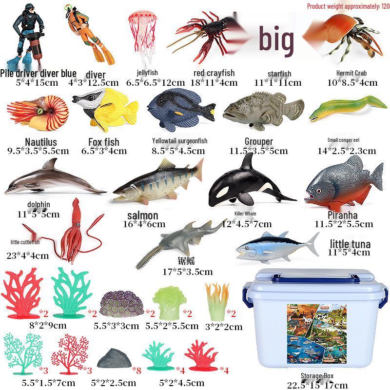 Marine Animal Model Toy Set: Lobster, Hermit Crab, Tuna, Jellyfish, Squid, Starfish, Orca
