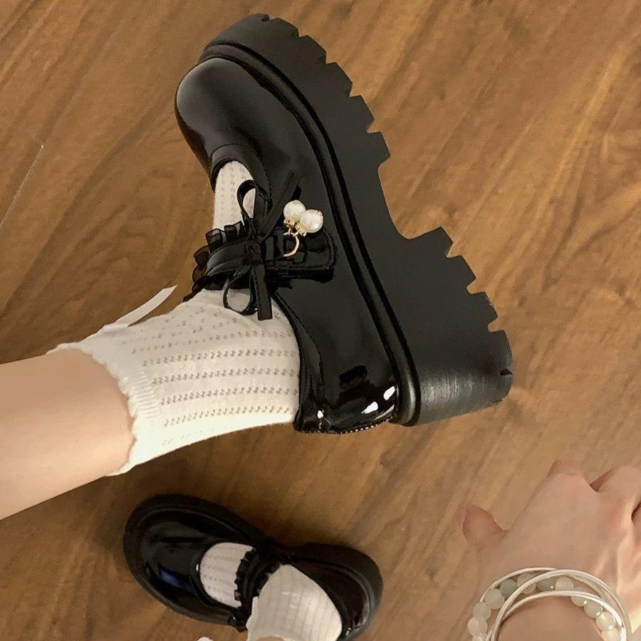Sweet Sister Bow Shallow Mouth Pearl Mary Jane Shoes Spring and Summer New Thick Sole Heightening Japanese Small Leather Shoes Women