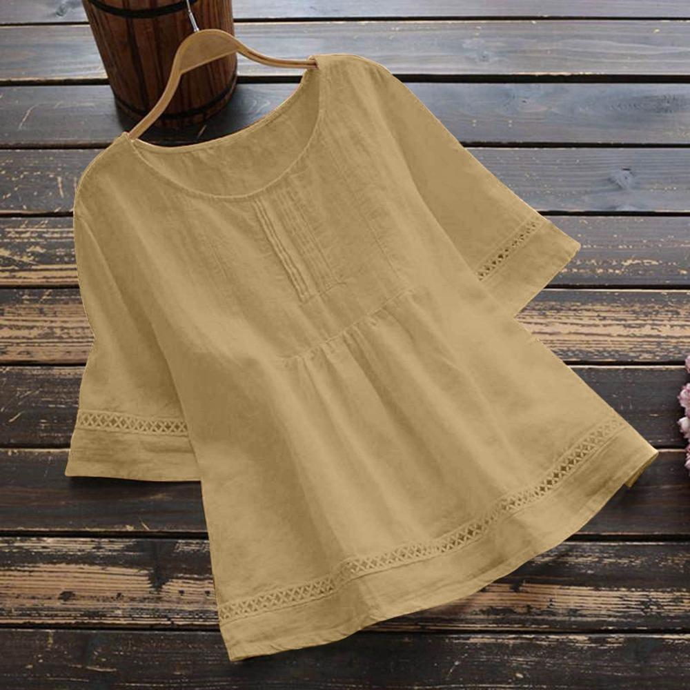 Women's Retro Casual Petticoat Summer Solid Color Cotton Linen Top Half Sleeve Round Neck Splicing Shirt Hollow Top
