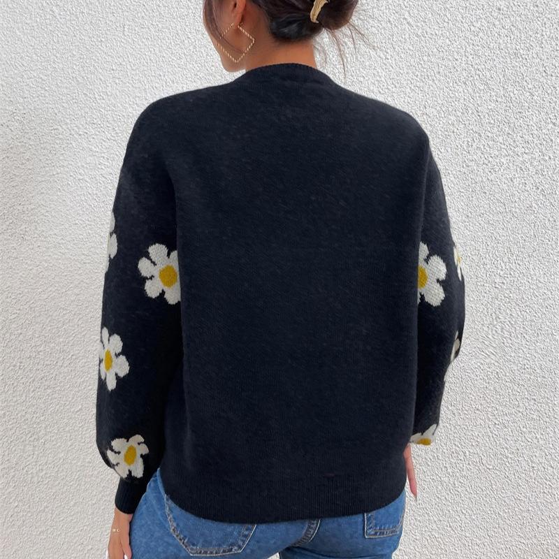 Höst Vinter Rundhals Stickad Pullover Tröja Dam Mode Söt Långärmad Lös Tröjor Dam Krysantemumtryck Varma Stickade Toppar 24638