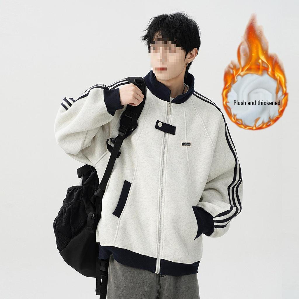 Men's Trendy Retro Patchwork Baseball Jacket with Three Stripes
