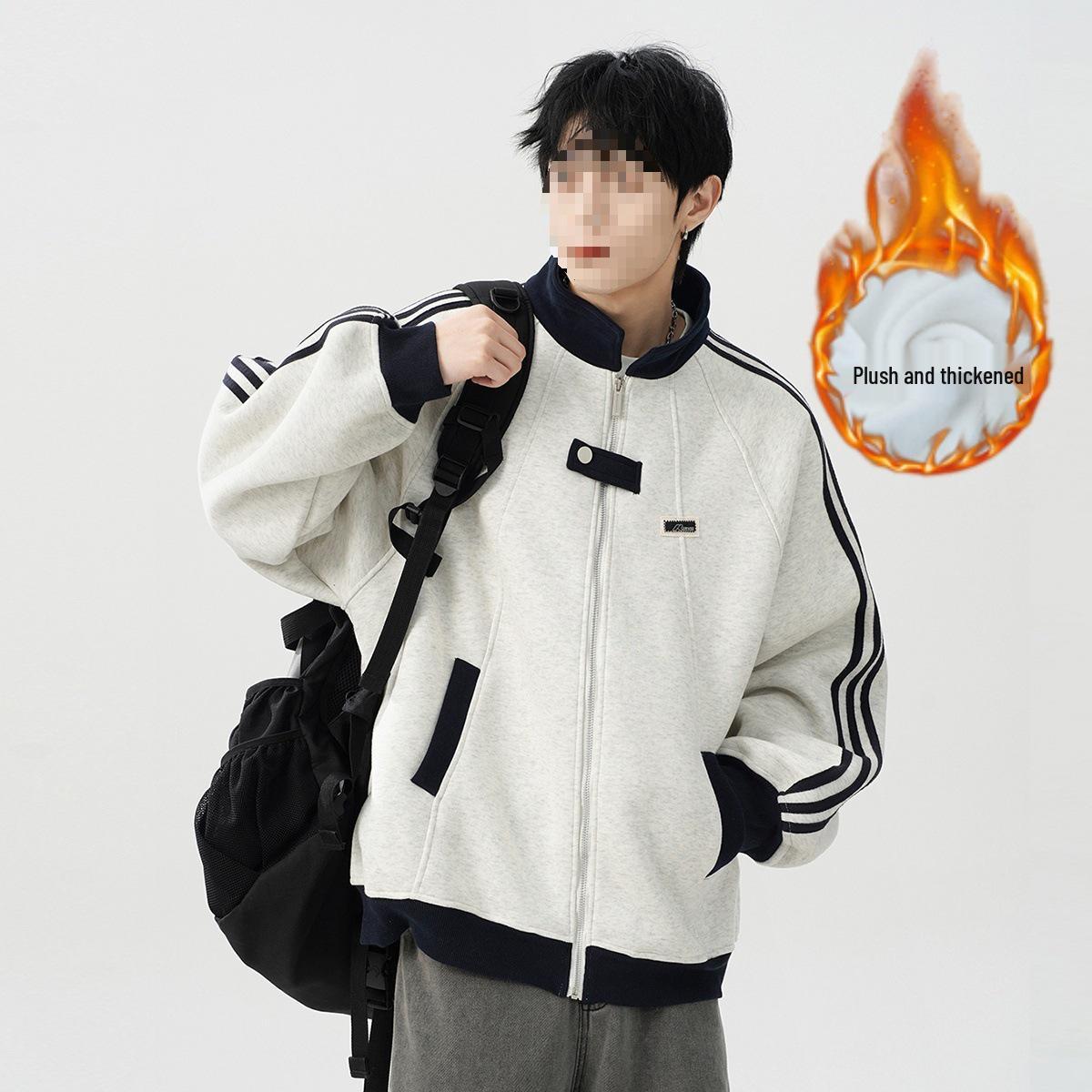 Men s Trendy Retro Patchwork Baseball Jacket with Three Stripes M