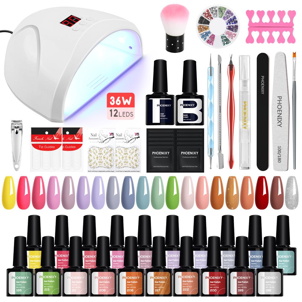PHOENIXY 20pcs Gel Nail Polish Kit with UV Nail Lamp Top Base Coat Semi Permanent Varnish Manicure Set