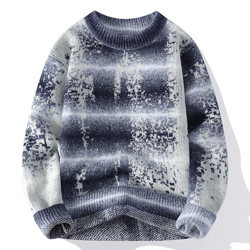 New Thickened Semi-turtleneck Knitted Sweater Striped Trendy Men's Gradual Change of Color Warm Sweater