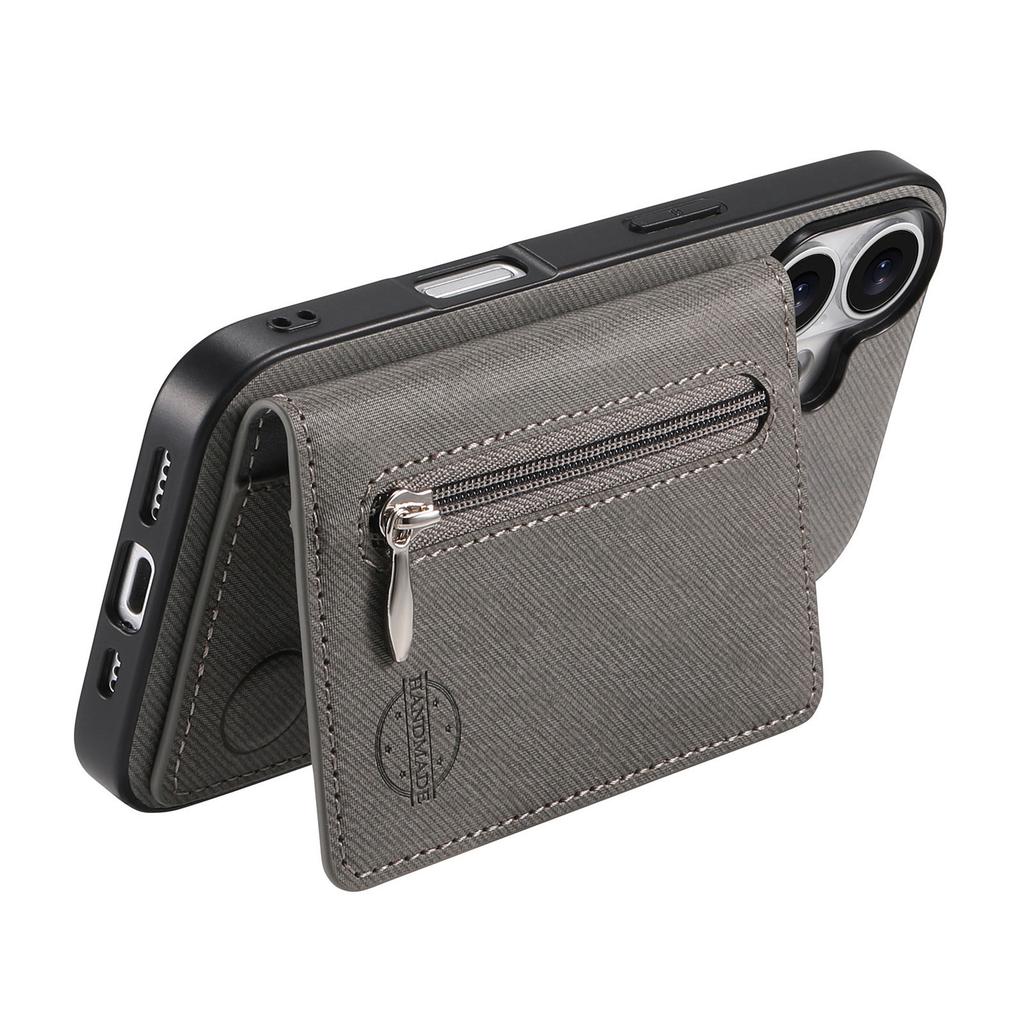 For iPhone 17 Pro Max Case Zipper Card Holder Kickstand Jeans Cloth Texture Leather Back Cover