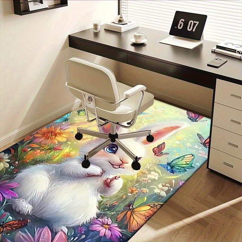 Office Carpet Soft Bunny & Butterfly Design for Sofa Protection Under Chairs, Cute Animal Print Rug