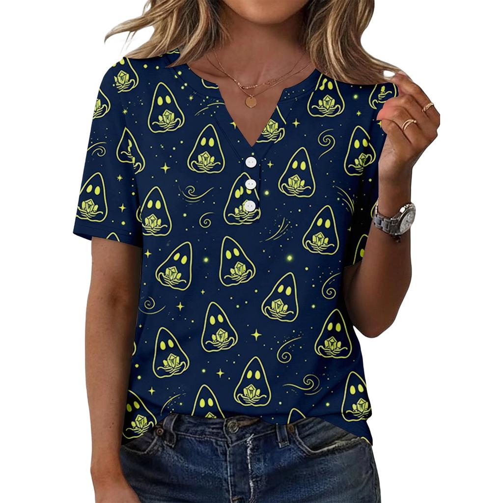 Women's Casual Halloween Print V Neck Short Sleeve Button Front T Shirt Top for Everyday Wear and Seasonal Events