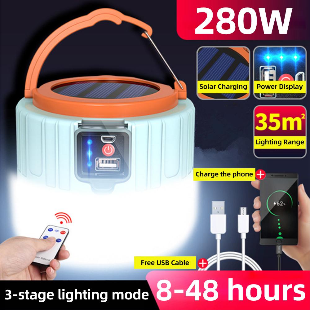 FONKEN 60/280W Solar LED Camping Light USB Rechargeable Bulb For Outdoor Tent Lamp Portable Lanterns Emergency Lights For BBQ Hiking