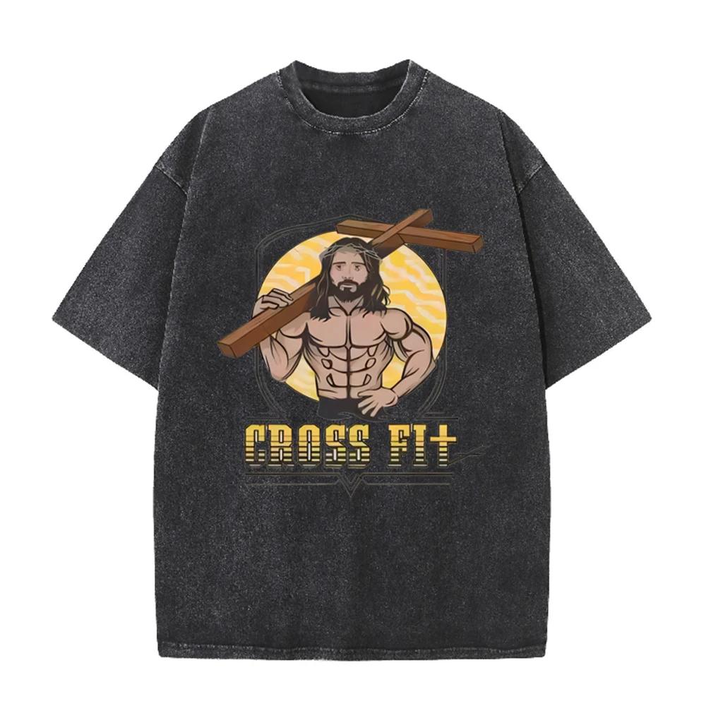 Asian Size Vintage Washed T Shirt Muscular Jesus Cross Fit Graphic Oversized Gym Christian Streetwear Short Sleeve Tee