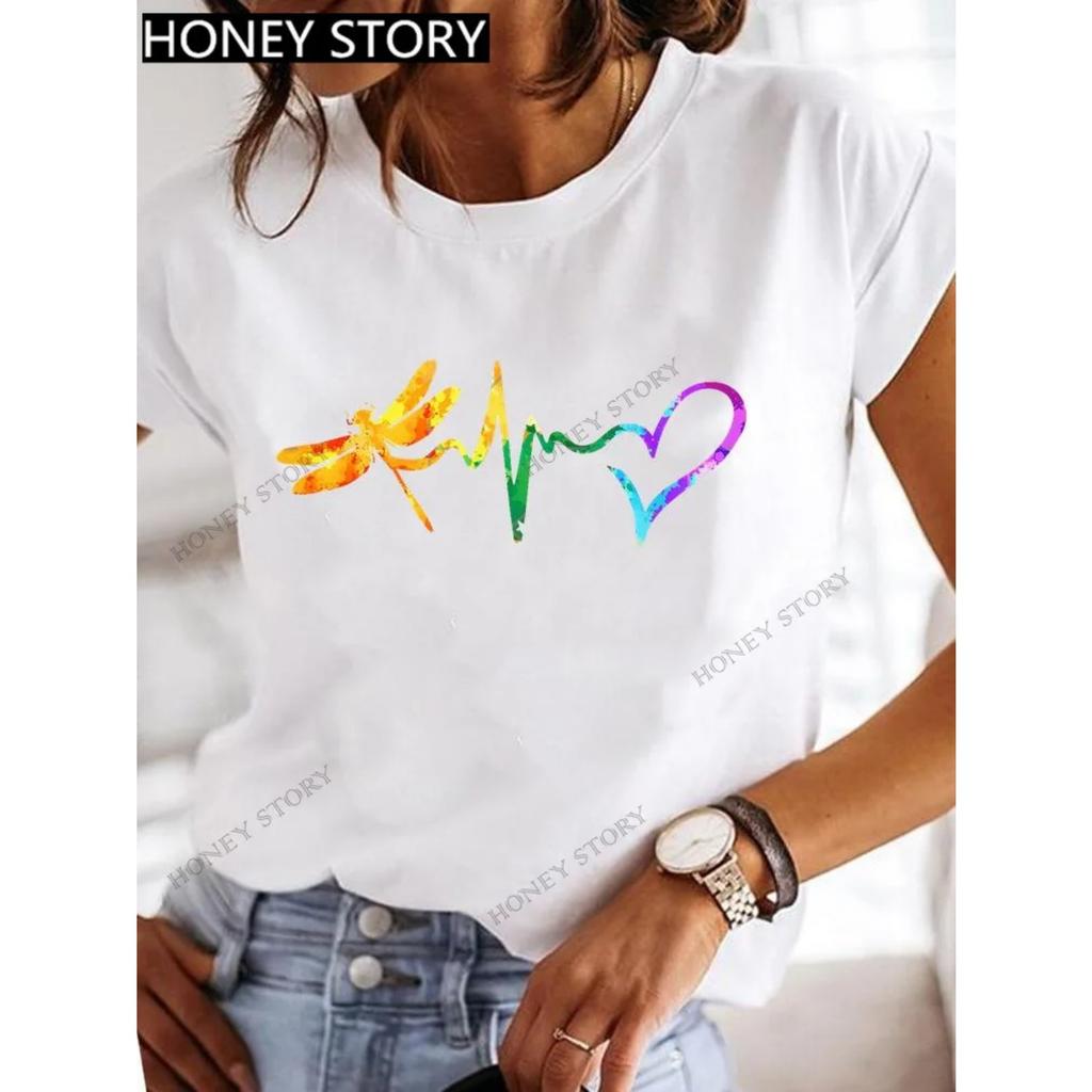 Dragonfly butterfly print blouse loose women's short-sleeved T-shirt round neck casual fashion daily
