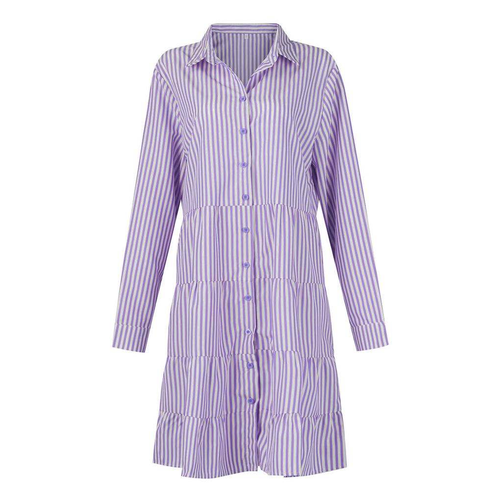 Y2K Women Striped Long Sleeve Mini Dresses Commuter Lapel Single-Breasted Shirt Dress Fashion Hem A-Line Party Dress