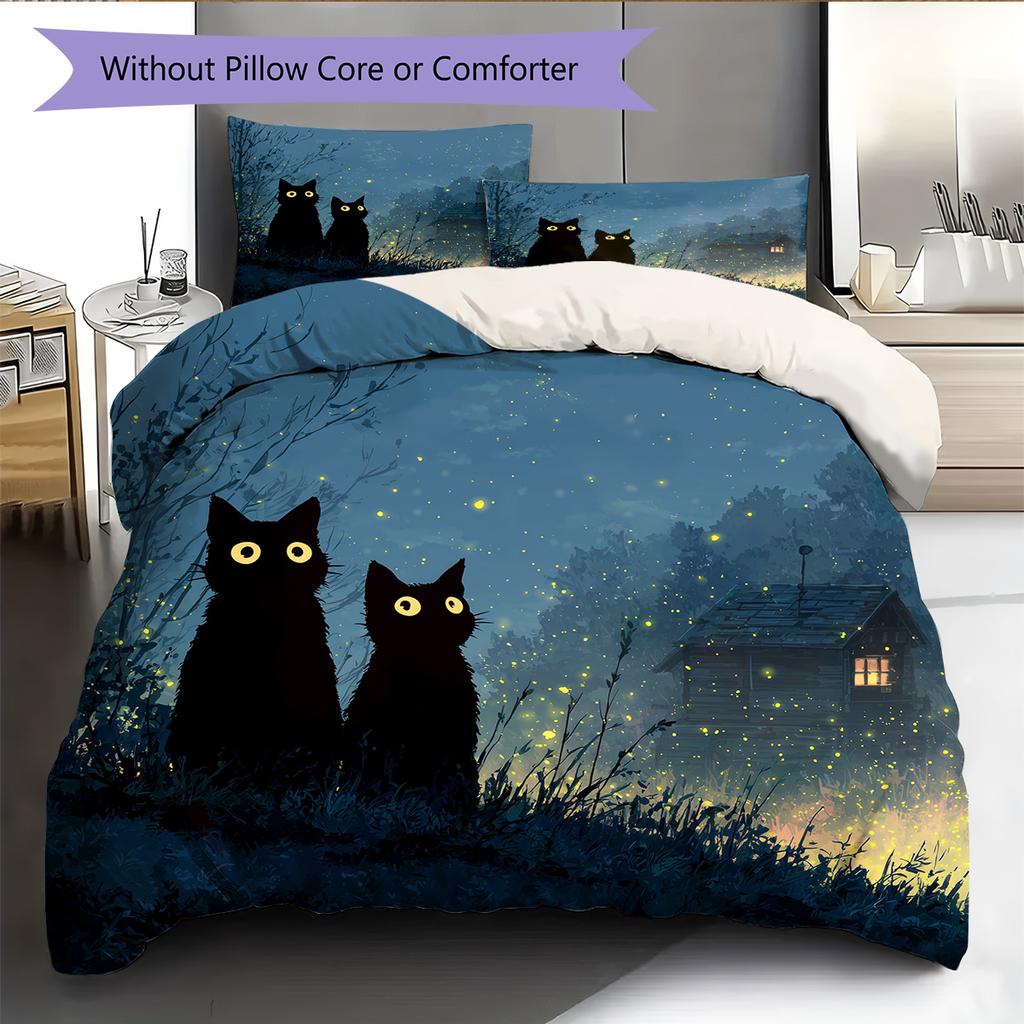 Black Cat at Night Pattern Bedding Quilt Set  Home Decoration  Gift (1 * duvet cover + 2 * pillowcase  without core)