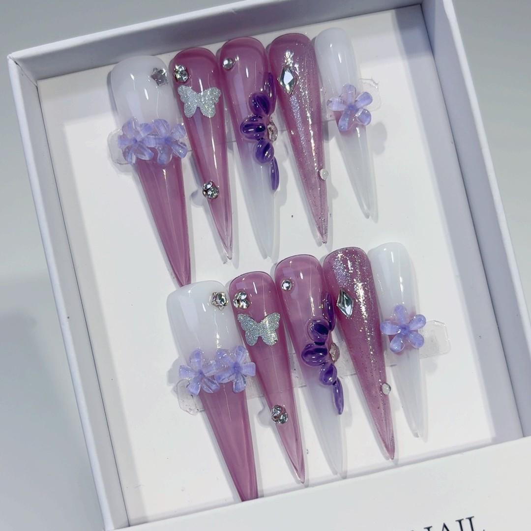 New 5.0 Long Pointed Butterfly 3D Carved Handmade Versatile Fairy Nails. Medium