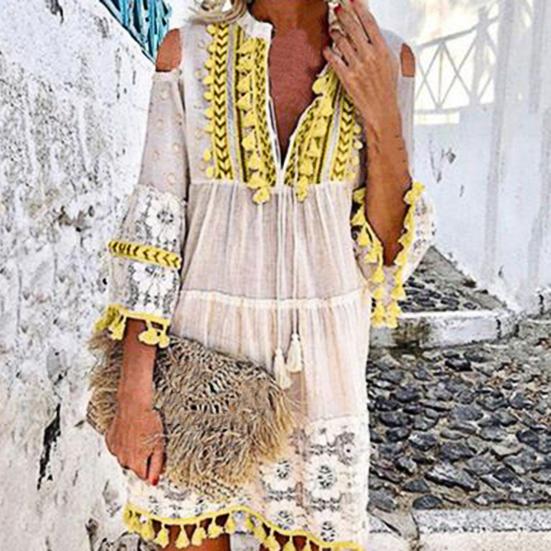 Deep V Neck Mini Dress Solid Color Women Tassel 45720 Sleeve Shift