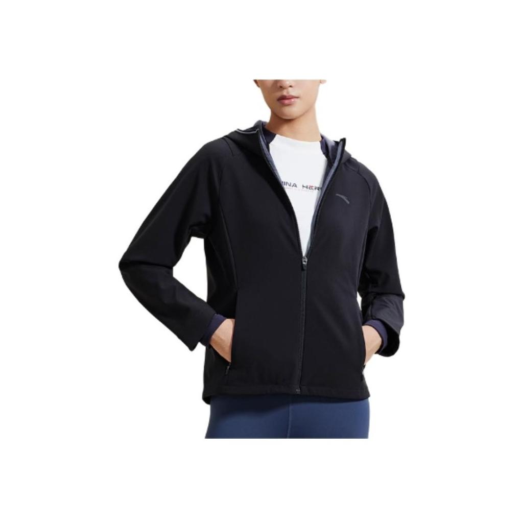 Anta Running Series Logo Print Fleece Hooded Long Sleeve Jacket Women Jacket Black 962245607-4