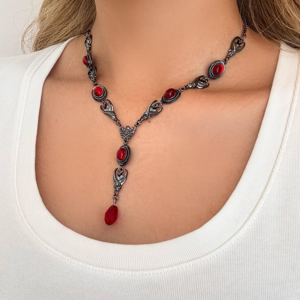 Gothic Blood Drop Pendant & Earring Set: Halloween Black & Red Color-Block Design