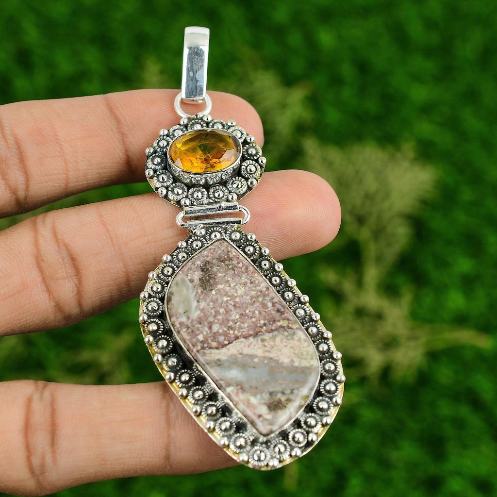 Sterling Silver Red Brecciated Mookaite Gemstone Citrine Bezel Birthday Pendant