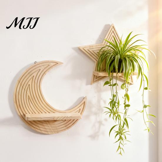Forest Theme Wall Decoration Moon Star Shelf Boho Wooden Floating Shelves Storage And Mounted Plant Holder for Living Room Bedroom Modern Home