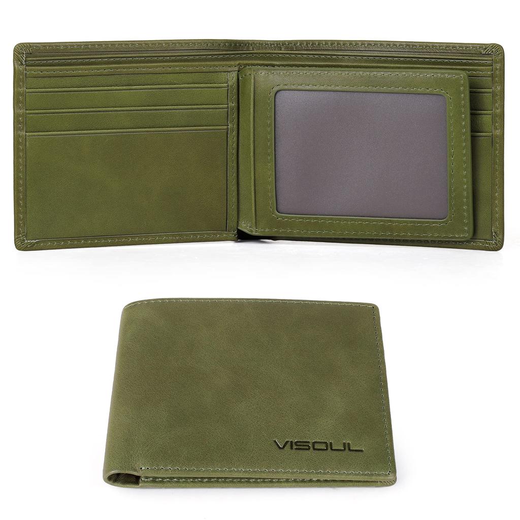VISOUL Bifold Genuine 10 Card License Large No Coin Popular Italian Made by Top Leather Green Men's Wallet, Leather, Billfold, Slots, Driver's Slot,